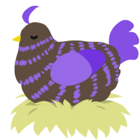 A bark and blurple chicken with a bar pattern
