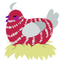 A crimson and silver chicken with a bar pattern