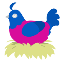 A fuchsia and ultramarine chicken with a head pattern