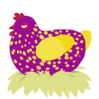 A plum and yellow chicken with a speckle pattern