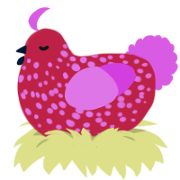 A crimson and orchid chicken with a speckle pattern