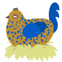 A gold and ultramarine chicken with a speckle pattern