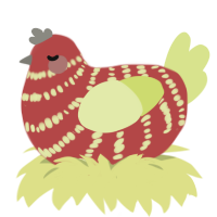 A red and lemon chicken with a bar pattern