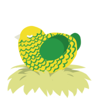 A yellow and viridian chicken with a lace pattern