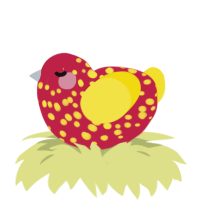 A crimson and yellow chicken with a speckle pattern