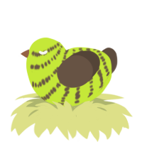 A lime and bark chicken with a bar pattern
