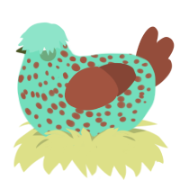 A turquoise and red chicken with a speckle pattern