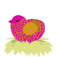 A fuchsia and ochre chicken with a lace pattern