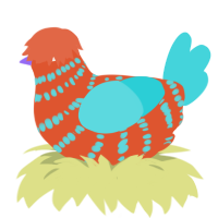 Umbina, a vermilion and aqua chicken with a bar pattern