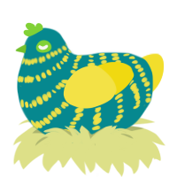 Victor, a teal and yellow chicken with a bar pattern