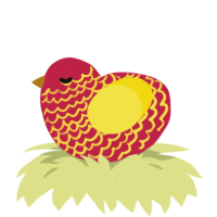 A crimson and yellow chicken with a lace pattern