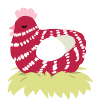 A crimson and white chicken with a bar pattern