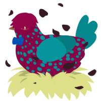 Funeral Tango, a maroon and teal chicken with a speckle pattern