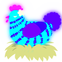 A sky and blurple chicken with a bar pattern