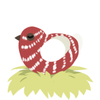 A red and white chicken with a bar pattern