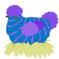 A sapphire and blurple chicken with a bar pattern