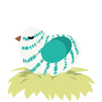 A white and turquoise chicken with a bar pattern