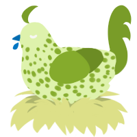 A apple and chartreuse chicken with a speckle pattern