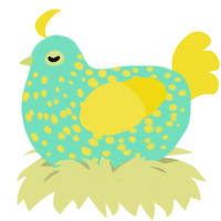 A mint and yellow chicken with a speckle pattern
