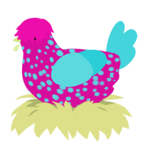 A fuchsia and aqua chicken with a speckle pattern