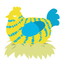 A yellow and cerulean chicken with a bar pattern