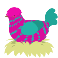 A fuchsia and turquoise chicken with a bar pattern