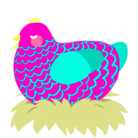 CMYK, a fuchsia and turquoise chicken with a lace pattern