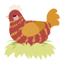 A red and orange chicken with a bar pattern