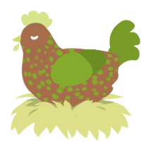 A brown and chartreuse chicken with a speckle pattern