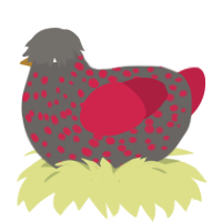 A grey and crimson chicken with a speckle pattern