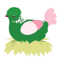 A viridian and rose chicken with a neck-speckle pattern
