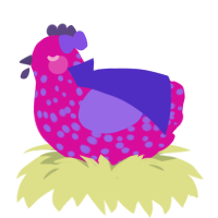 A fuchsia and blurple chicken with a speckle pattern