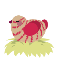 A beige and crimson chicken with a bar pattern