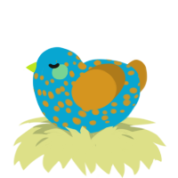 A cerulean and ochre chicken with a speckle pattern
