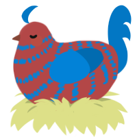 A red and sapphire chicken with a bar pattern