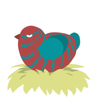 A red and teal chicken with a bar pattern