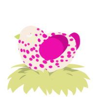 A cream and fuchsia chicken with a speckle pattern
