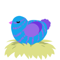 A sky and blurple chicken with a bar pattern