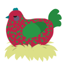A crimson and viridian chicken with a speckle pattern