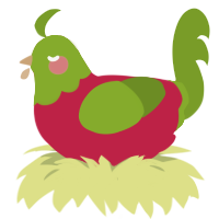 A crimson and chartreuse chicken with a head pattern