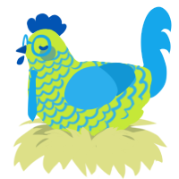 A lime and sky chicken with a speckle pattern