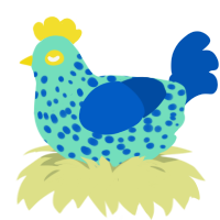 A mint and ultramarine chicken with a speckle pattern