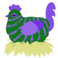 A leaf and blurple chicken with a bar pattern