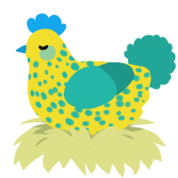 A yellow and turquoise chicken with a speckle pattern
