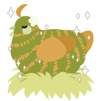 A chartreuse and orange chicken with a bar pattern