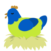 chuck cheese, a lime and ultramarine chicken with a head pattern