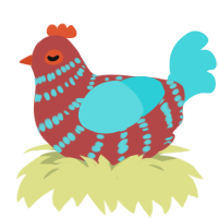 A red and aqua chicken with a bar pattern