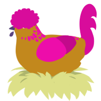 A ochre and fuchsia chicken with a neck-speckle pattern