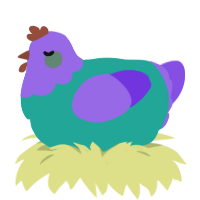 A turquoise and blurple chicken with a head pattern