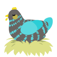 A grey and aqua chicken with a bar pattern